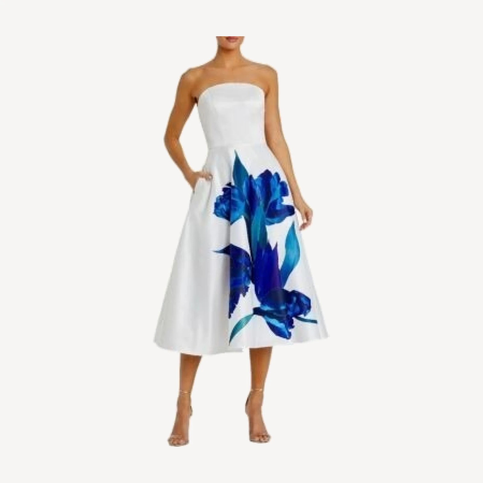 Mac Duggal Strapless Satin Midi Dress with Flower Print