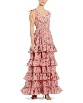 Mac Duggal Drawstring Shoulder Floral Chiffon Tiered Gown