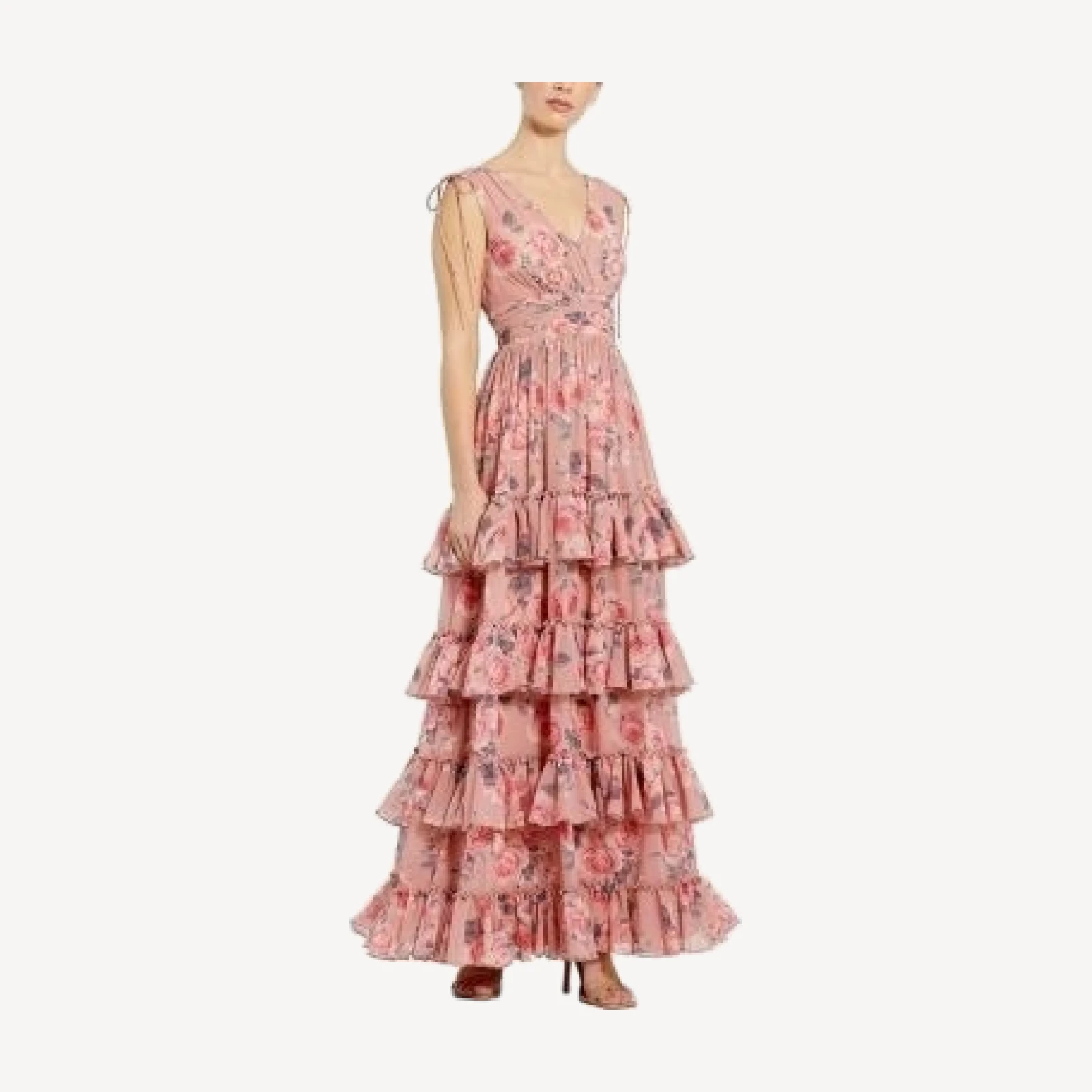 Mac Duggal Drawstring Shoulder Floral Chiffon Tiered Gown
