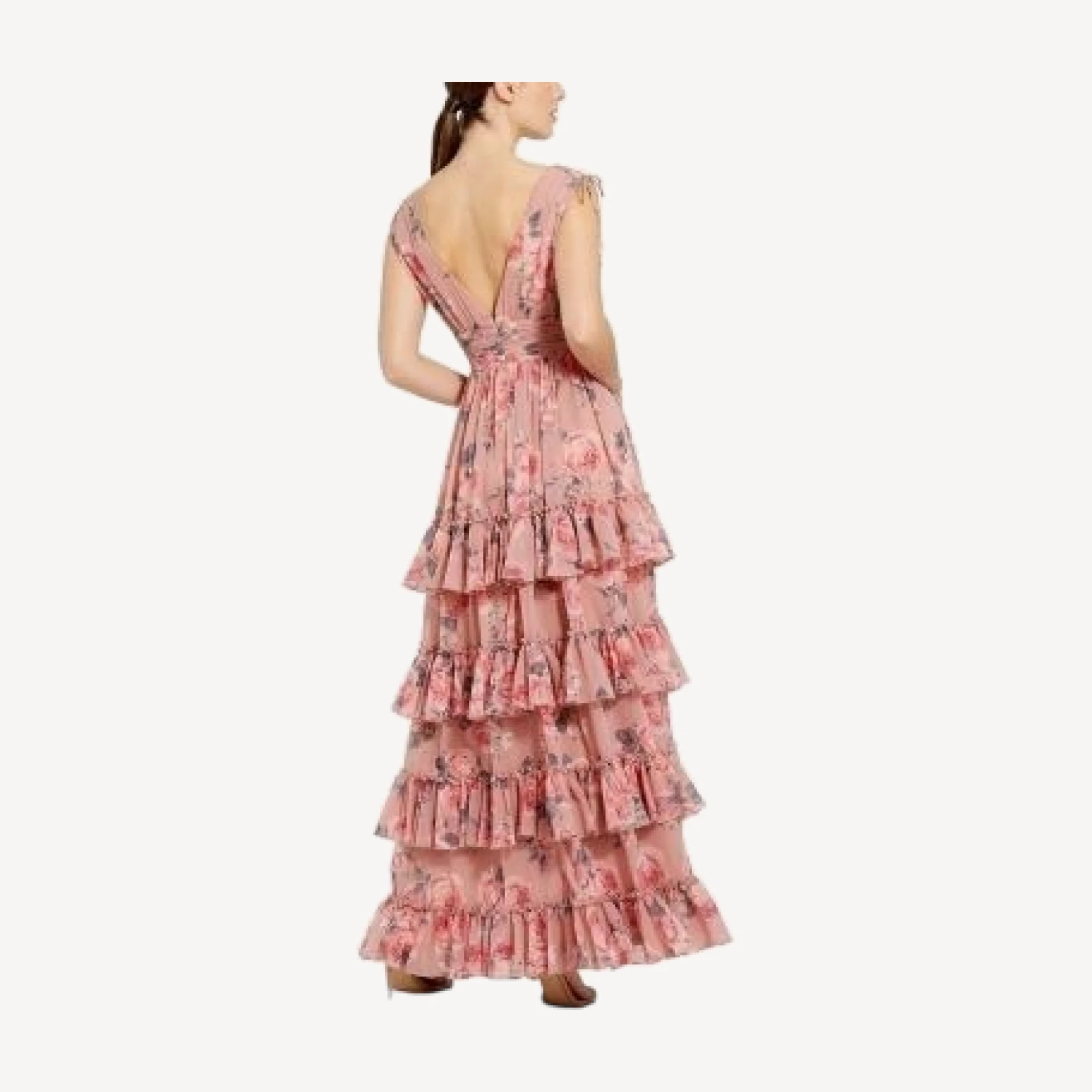 Mac Duggal Drawstring Shoulder Floral Chiffon Tiered Gown