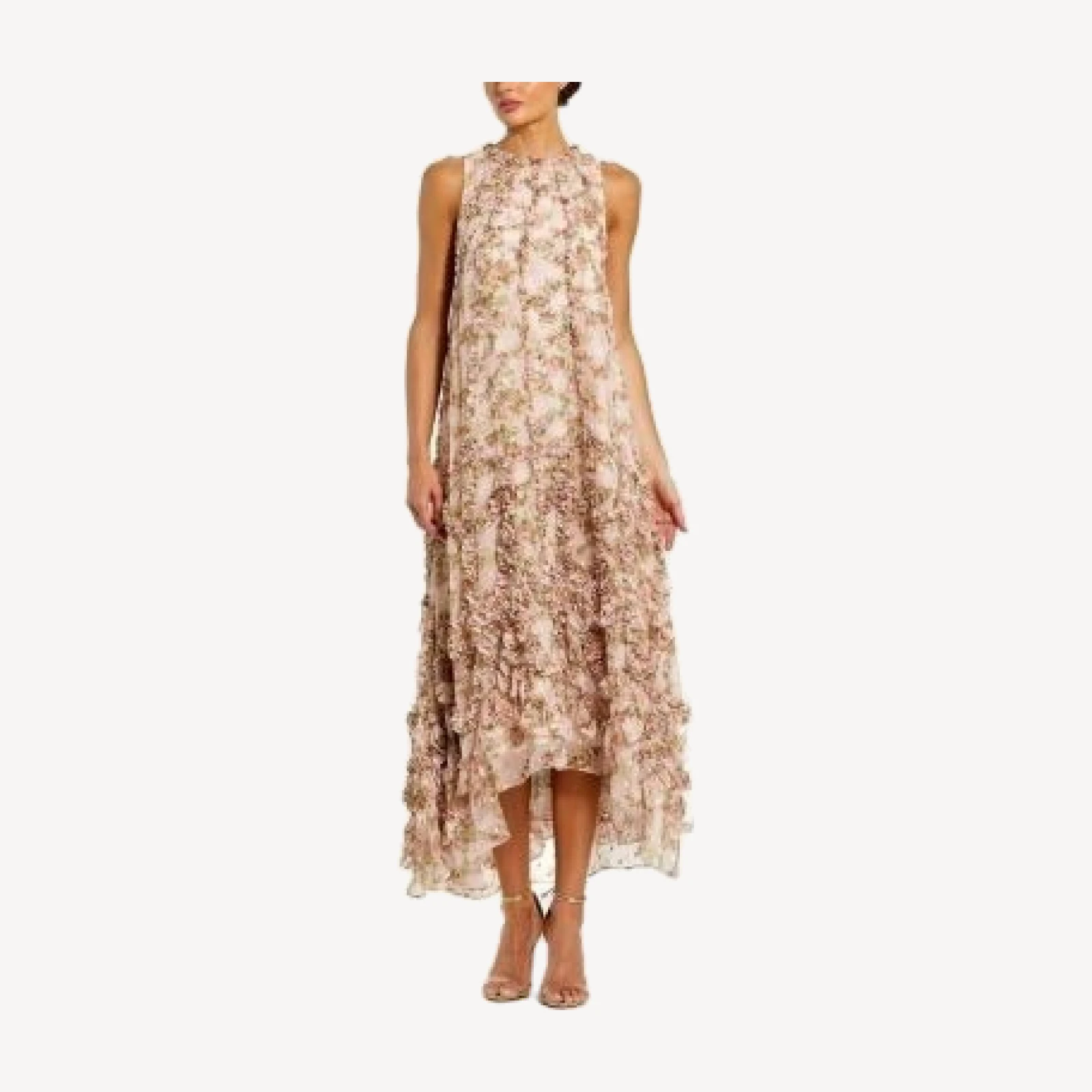 Mac Duggal Sleeveless Floral Print Chiffon Micro Ruffle Gown