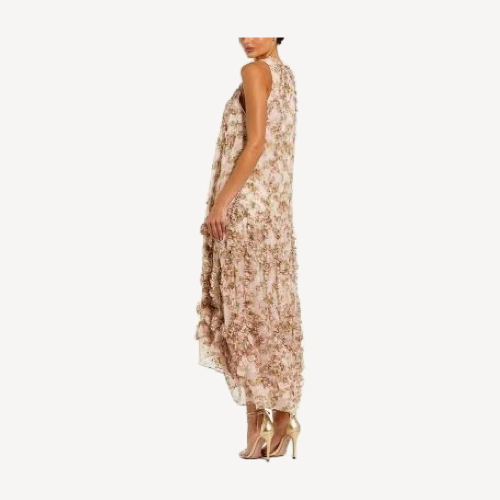 Mac Duggal Sleeveless Floral Print Chiffon Micro Ruffle Gown