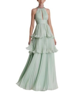 Mac Duggal High Neck Chiffon Tiered Gown with Cut Out