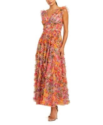 Mac Duggal Floral Mesh Ruffle V Neck Ankle Dress