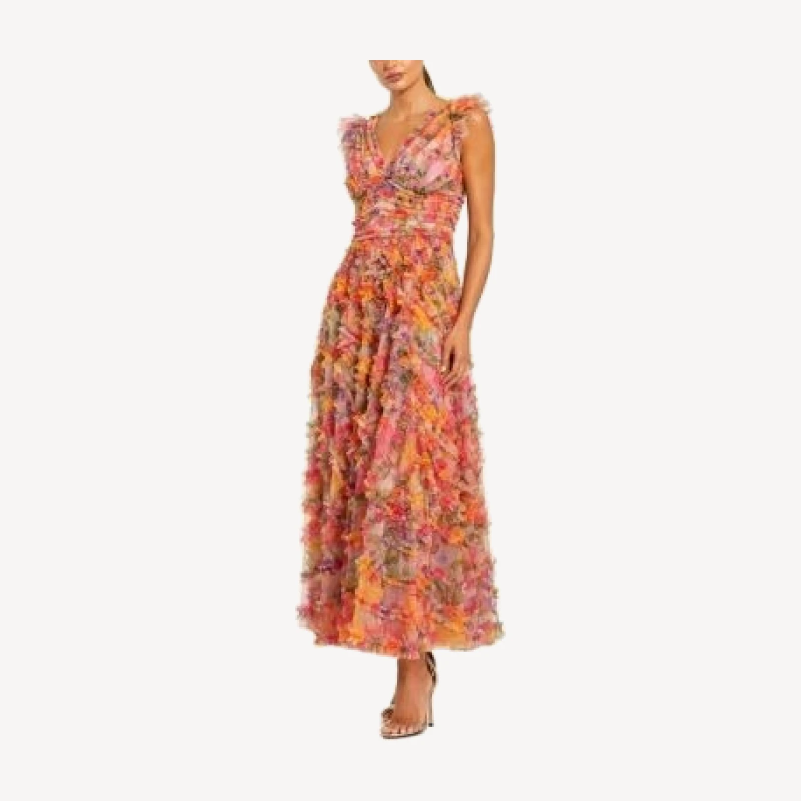 Mac Duggal Floral Mesh Ruffle V Neck Ankle Dress