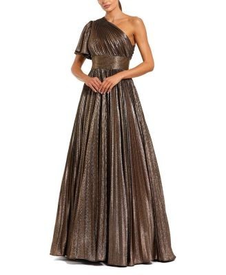 Mac Duggal One Shoulder Pleated Metallic Ballgown