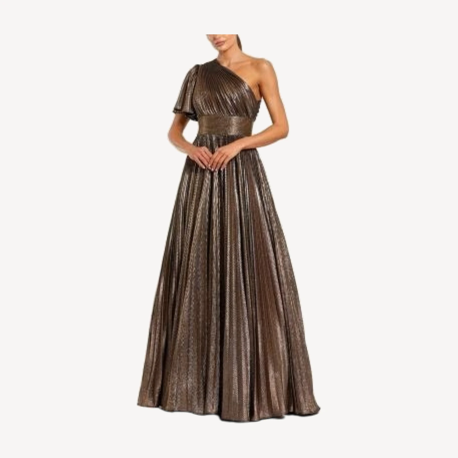 Mac Duggal One Shoulder Pleated Metallic Ballgown