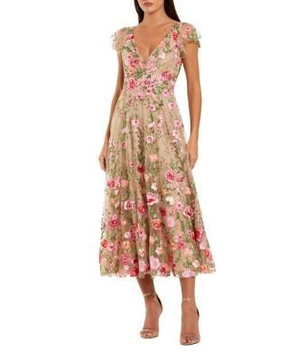 Mac Duggal Embroidered Cap Sleeve V Neck Ankle Dress