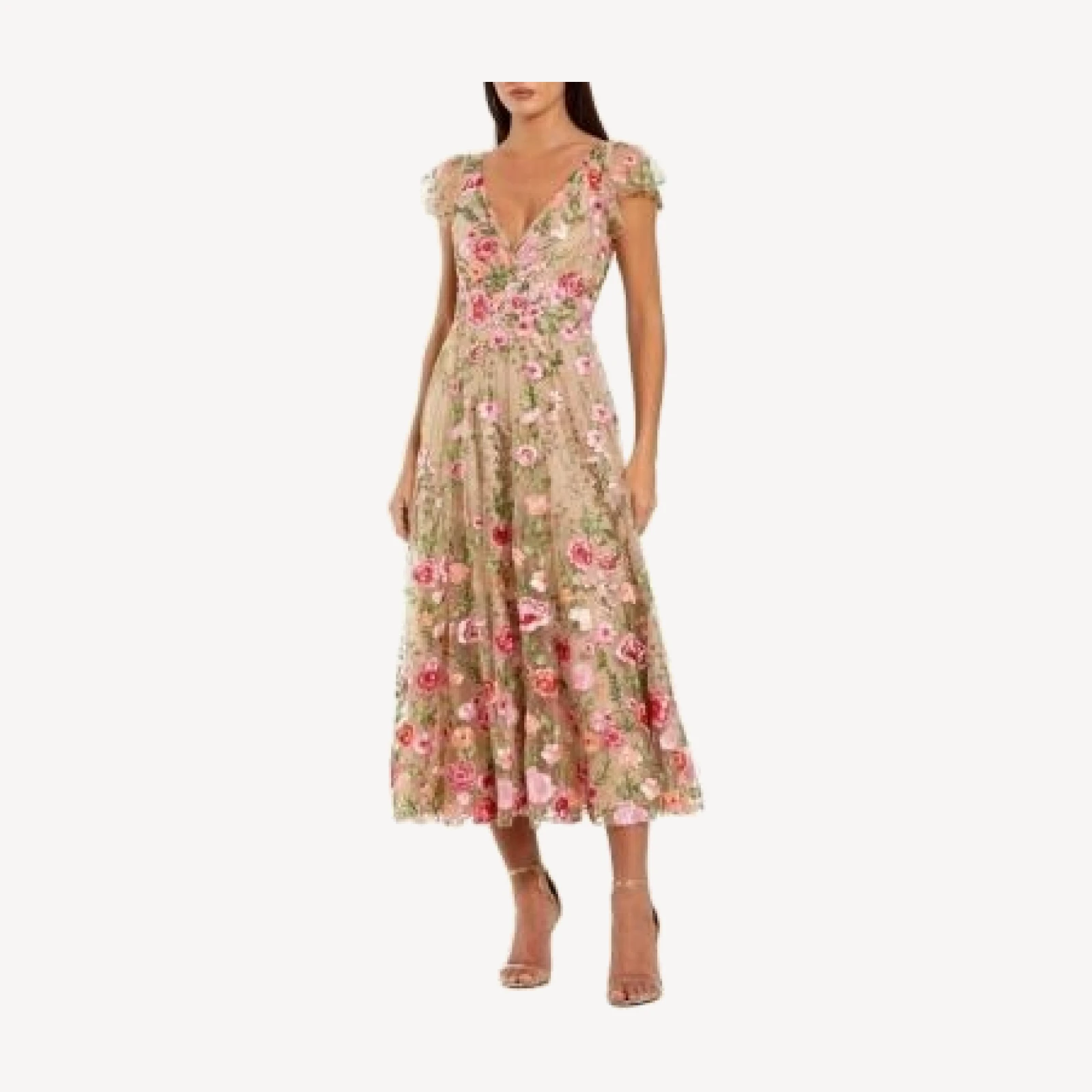 Mac Duggal Embroidered Cap Sleeve V Neck Ankle Dress