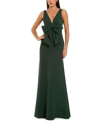 Mac Duggal Crepe Sleeveless V Neck Column Dress with Bow