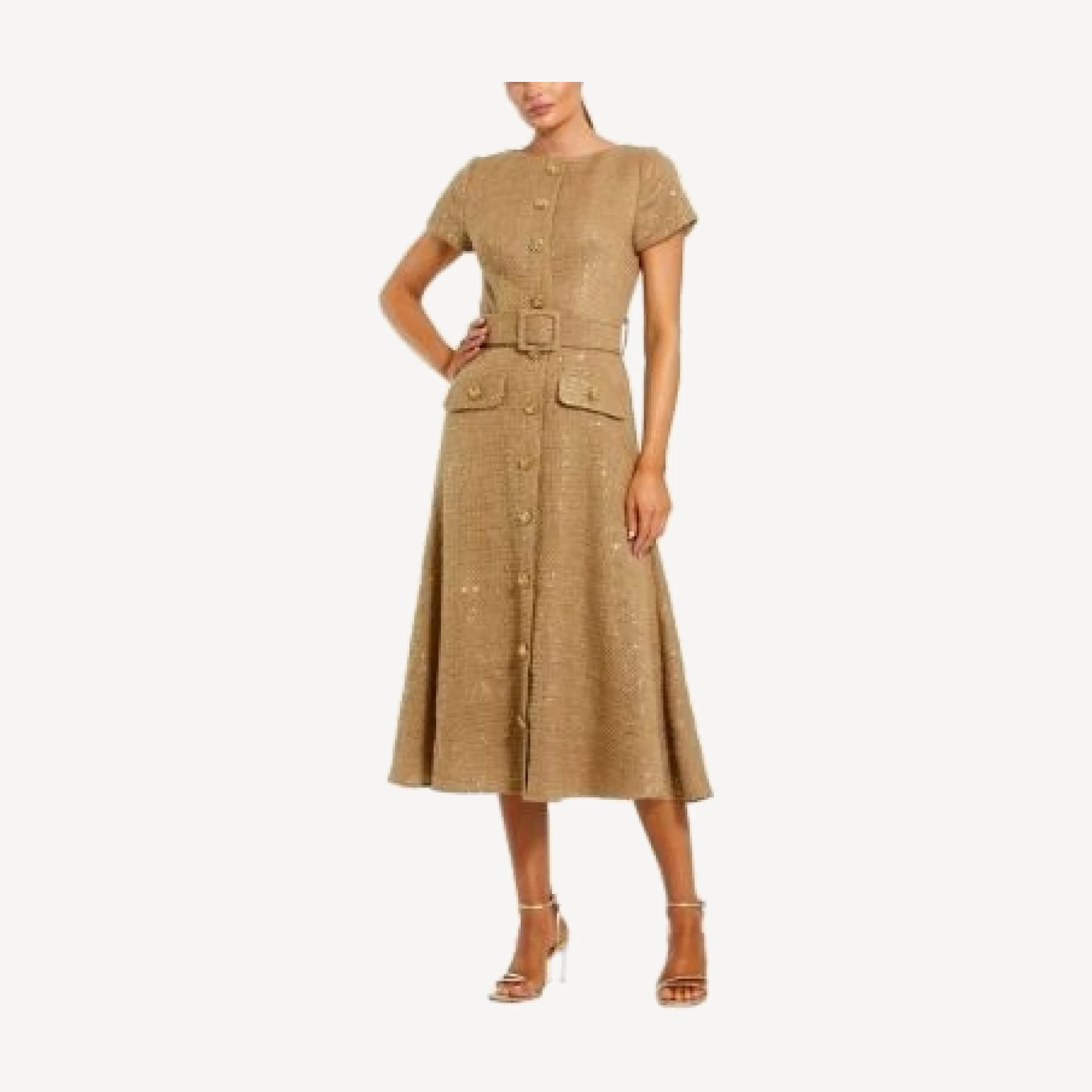 Mac Duggal Boucle Cap Sleeve High Neck Button Up Midi Dress