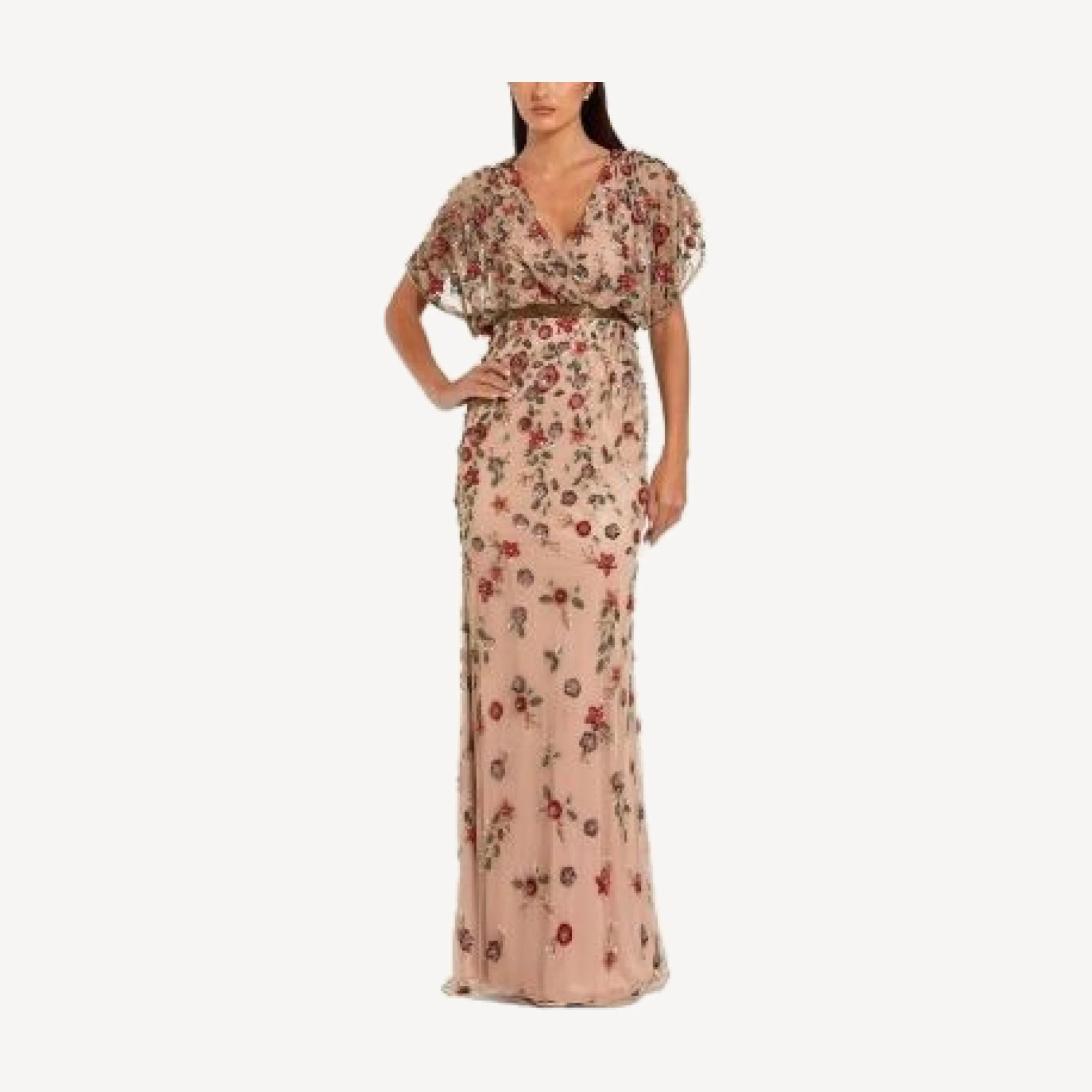 Mac Duggal Floral Embellished Short Sleeve Blouson Gown