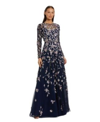 Mac Duggal Long Sleeve Mesh Gown With Floral Detail