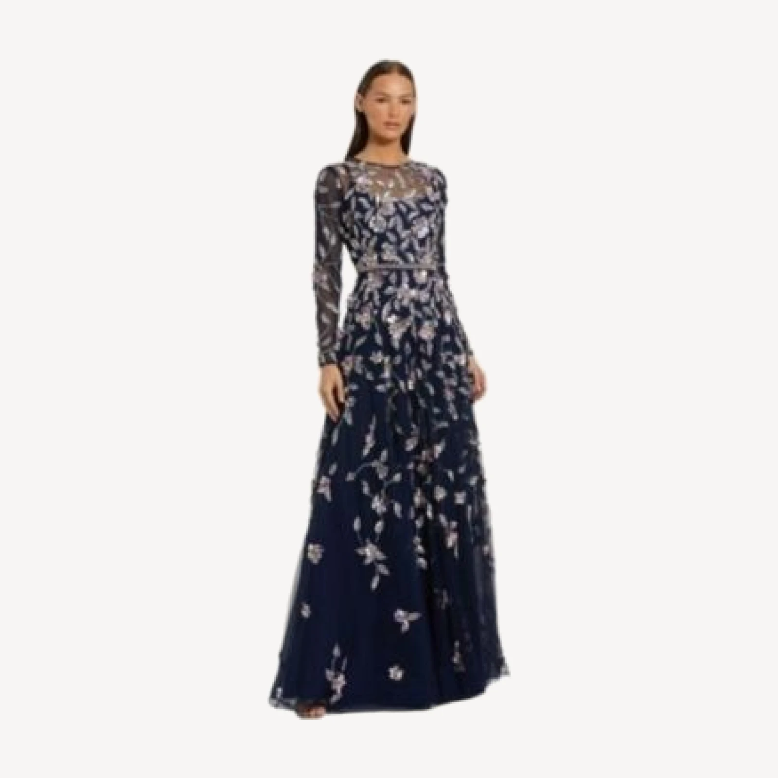 Mac Duggal Long Sleeve Mesh Gown With Floral Detail