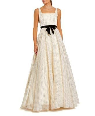 Mac Duggal Polka Dot Organza Square Neck Ballgown with Bow