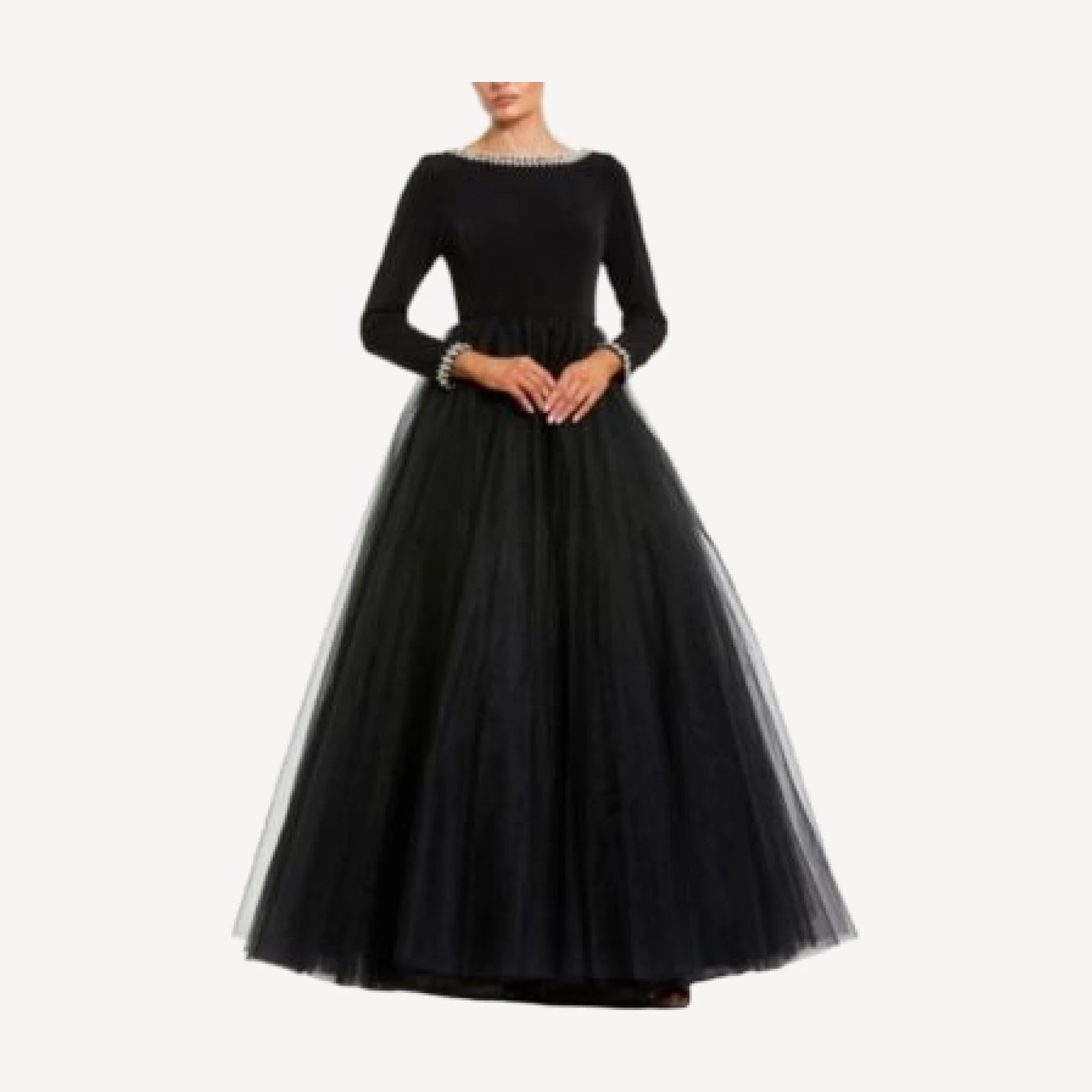 Mac Duggal Embellished Jersey Long Sleeve Ballgown with Tulle Skirt
