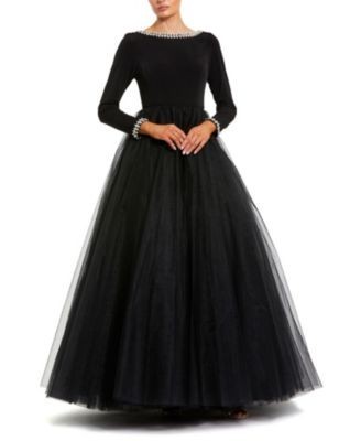 Mac Duggal Embellished Jersey Long Sleeve Ballgown with Tulle Skirt