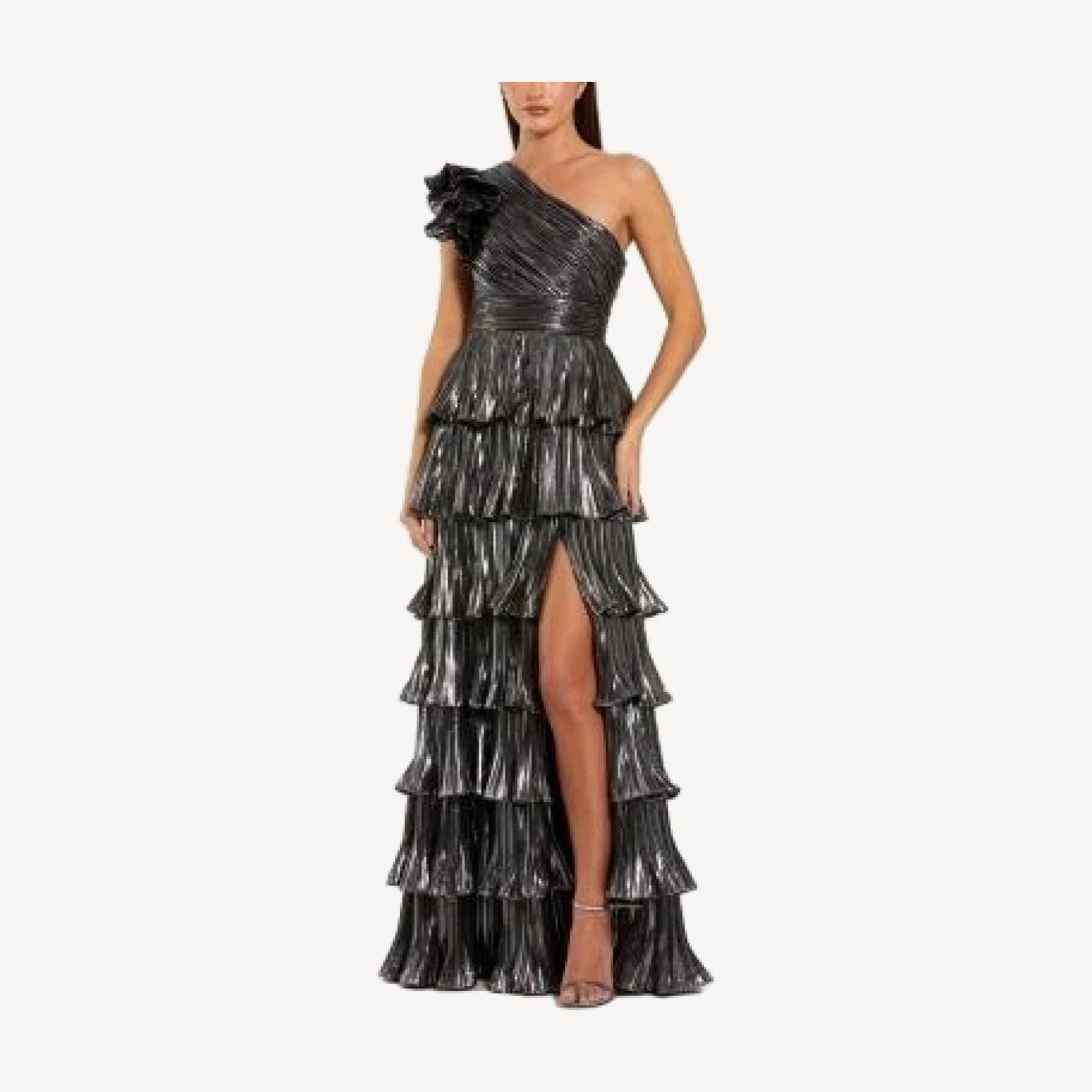 Mac Duggal Pleated Metallic Tiered Ruffle One Shoulder Gown
