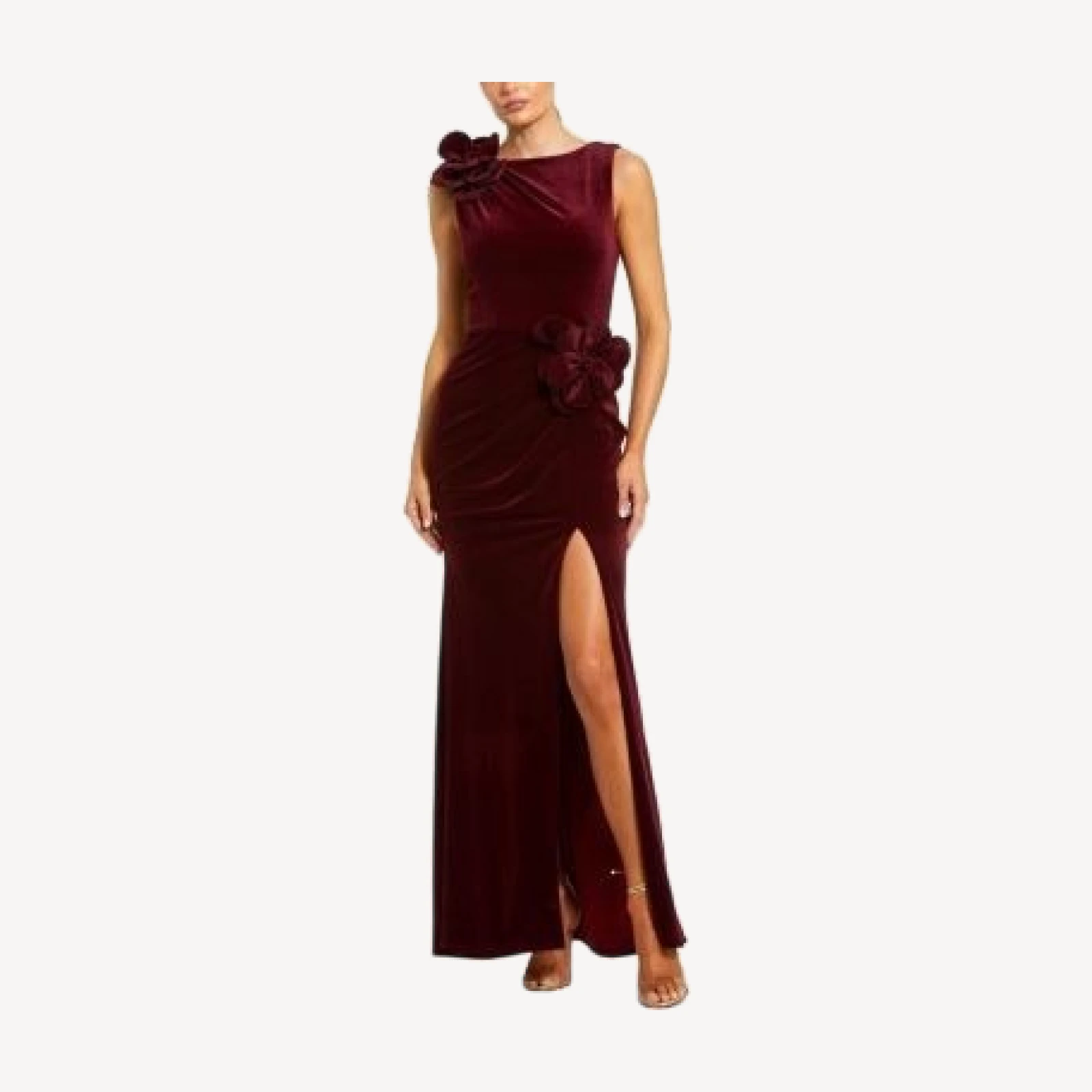 Mac Duggal High Neck Velvet Column Dress with 3D Flowers