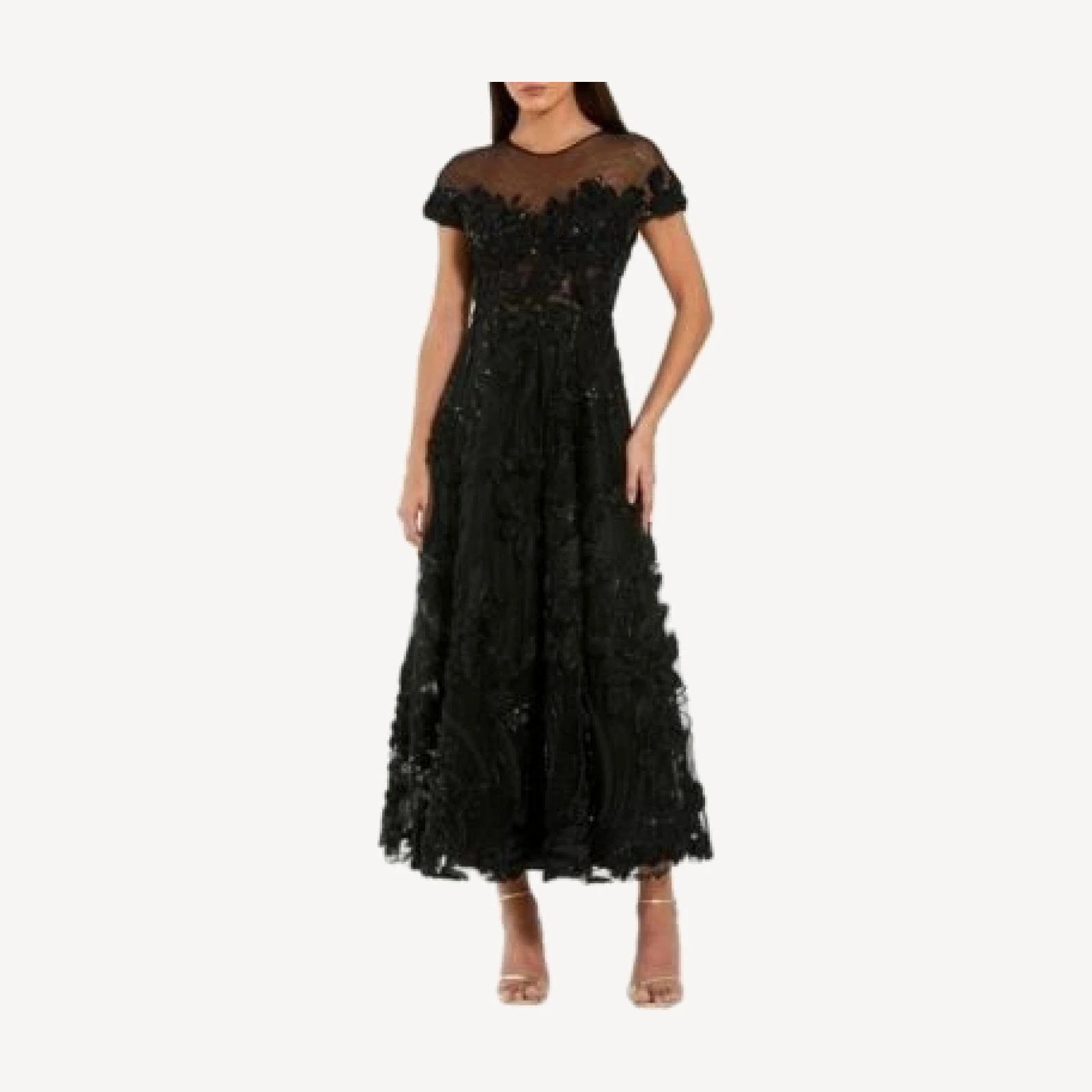Mac Duggal Embellished Lace Illusion Neck A-Line Midi Dress