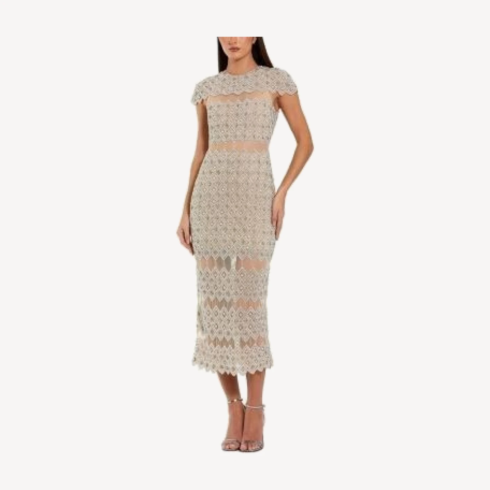 Mac Duggal Beaded Mesh Fitted Midi Dress with Sheer Panels