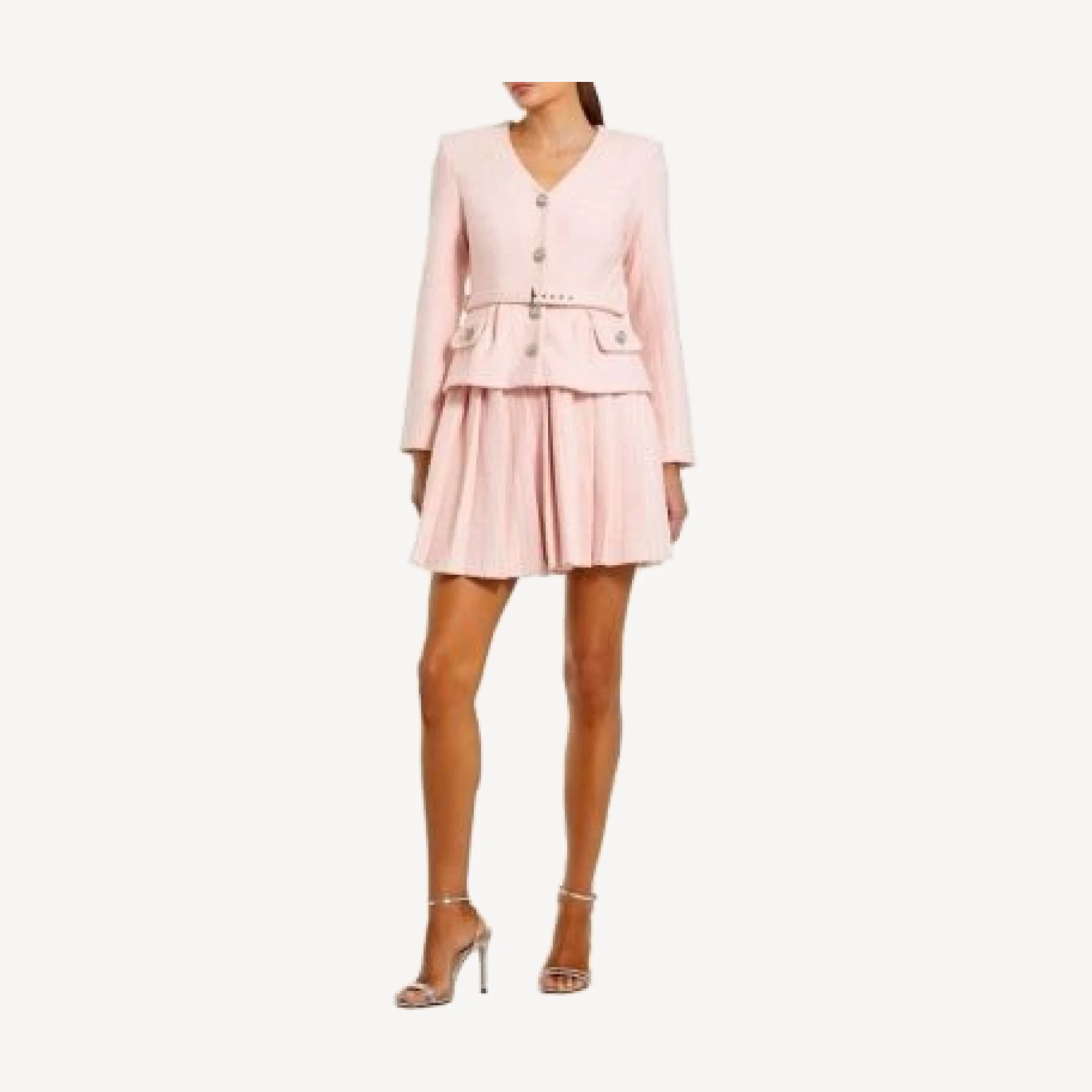 Mac Duggal V-Neck Boucle Long Sleeve Mini Dress with Buttons