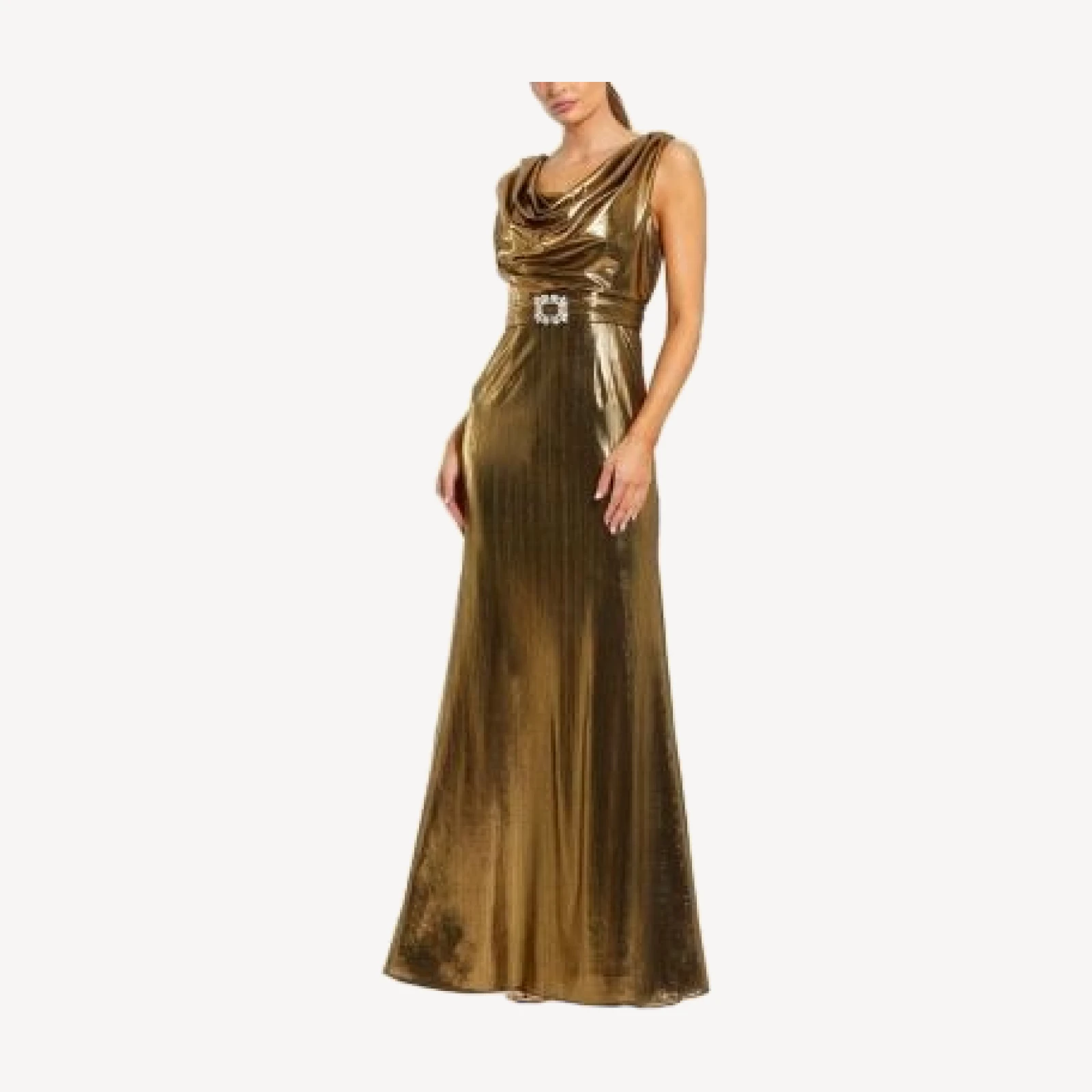 Mac Duggal Metallic Sleeveless Cowl Neck Gown with Belt