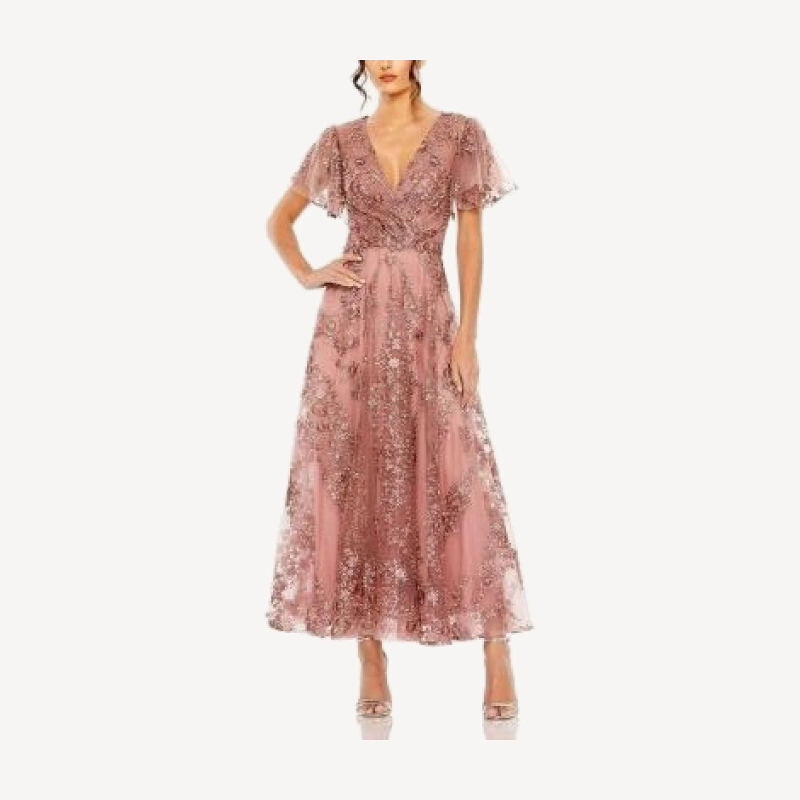 Mac Duggal Flutter Sleeve Faux Wrap V-Neck Embellished A-Line Tea-Length Dress