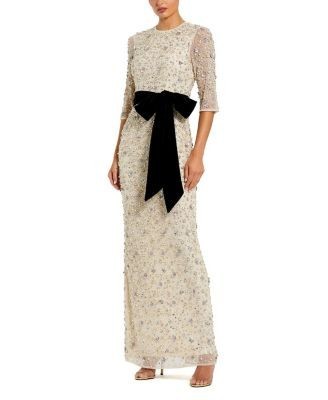 Mac Duggal Beaded Mesh 3/4 Sleeve Column Gown with Bow Belt