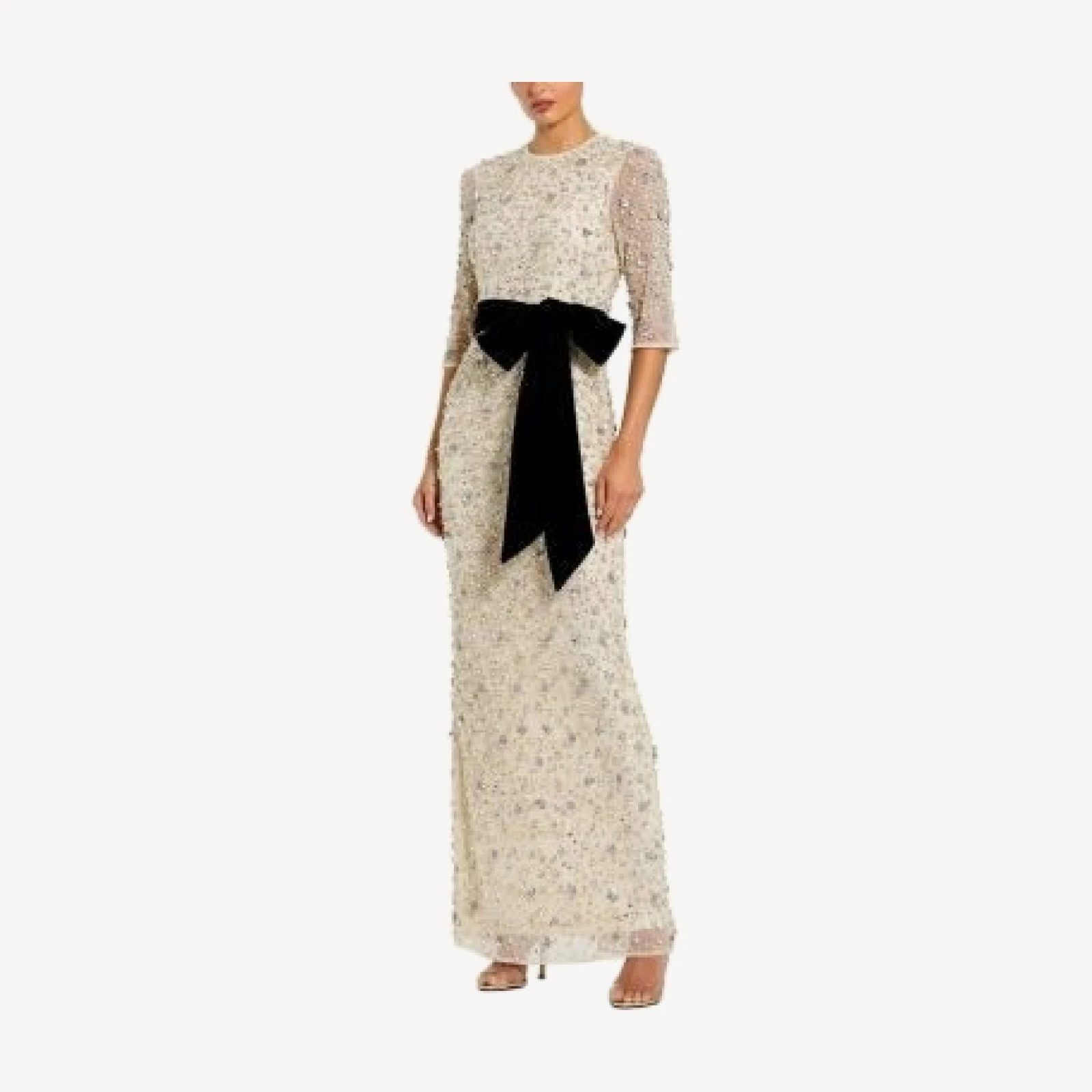 Mac Duggal Beaded Mesh 3/4 Sleeve Column Gown with Bow Belt