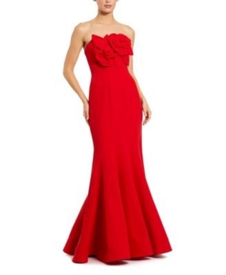 Mac Duggal Crepe Strapless Mermaid with 3D Flowers Gown
