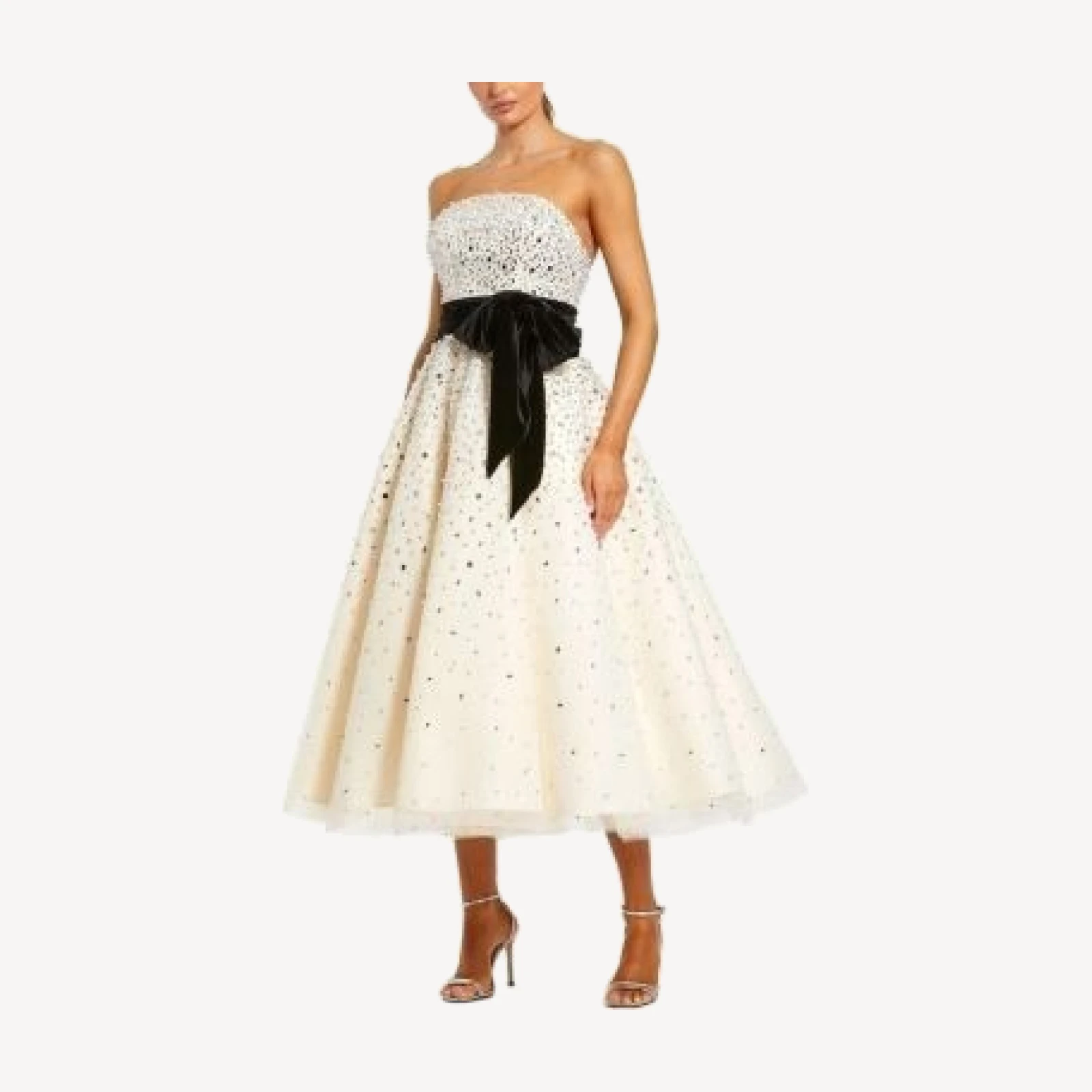 Mac Duggal Strapless Embellished Tulle A-Line Midi Dress with Bow