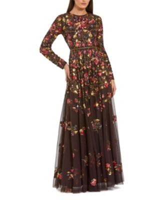 Mac Duggal Long Sleeve Floral Embellished Evening Gown