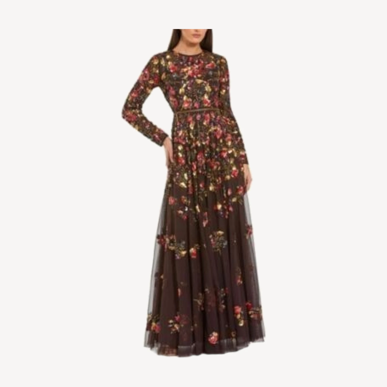 Mac Duggal Long Sleeve Floral Embellished Evening Gown