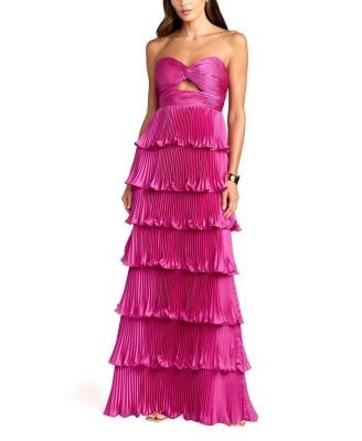 Mac Duggal Pleated Charmeuse Strapless Tiered Ruffle Gown
