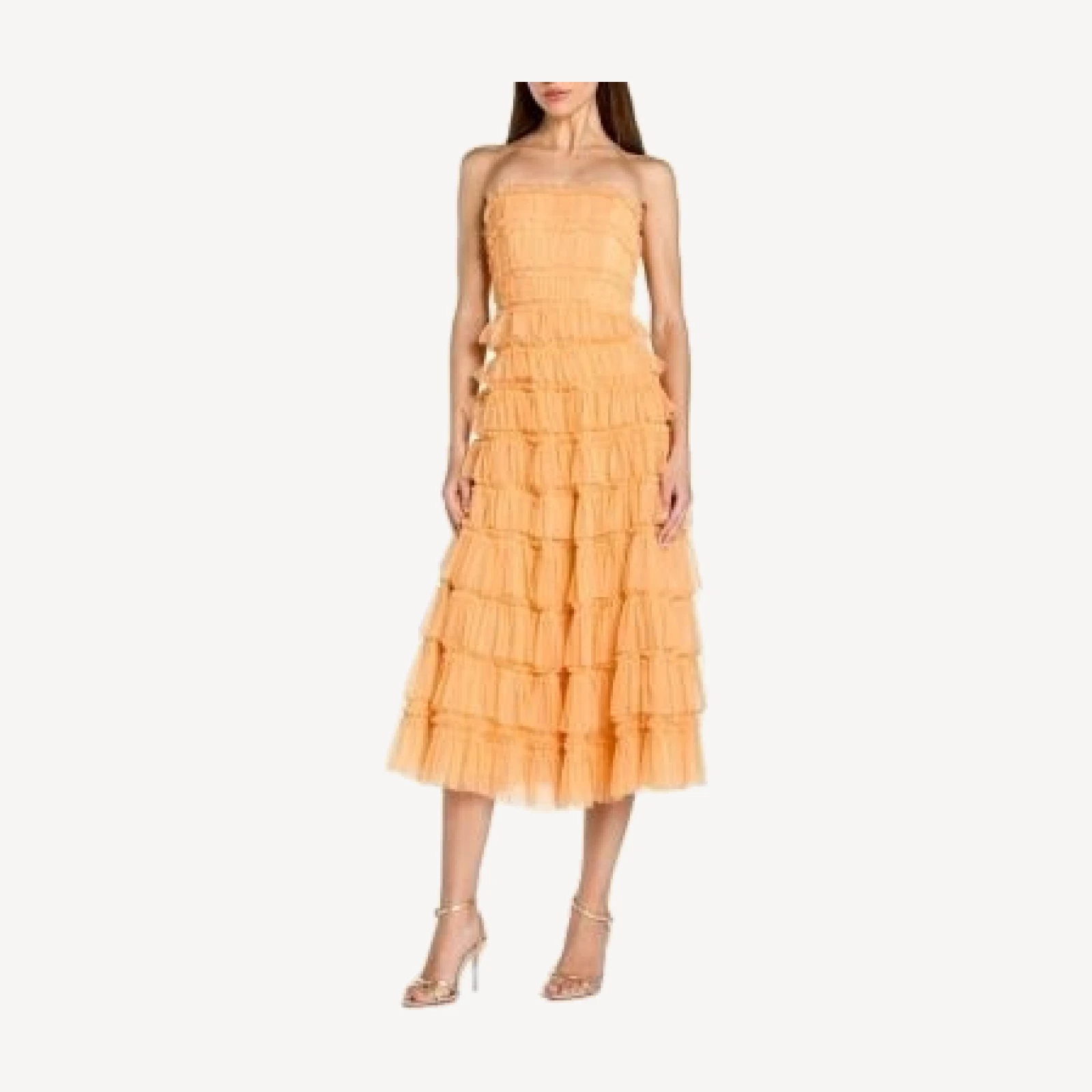 Mac Duggal Solid Mesh Dot Micro Ruffle Strapless Midi Dress
