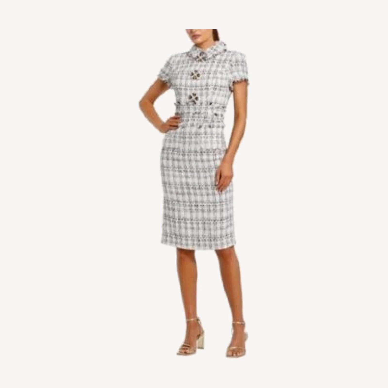 Mac Duggal Fitted Boucle Short Sleeve Button Up Midi Dress