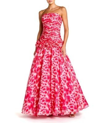 Mac Duggal Printed Chiffon Strapless Drop Waist Ballgown