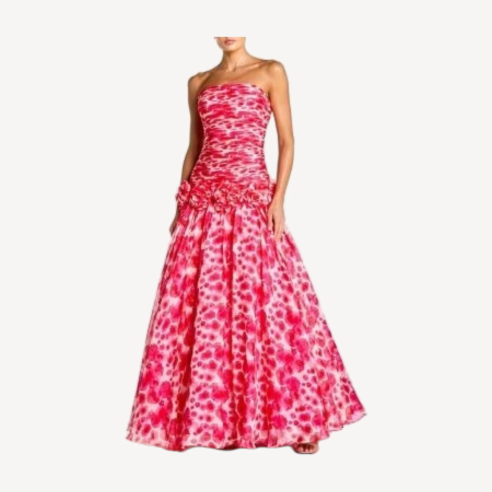 Mac Duggal Printed Chiffon Strapless Drop Waist Ballgown