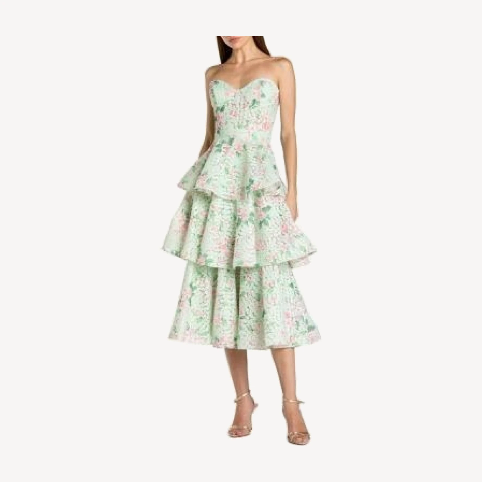 Mac Duggal Floral Net Strapless Tiered Ruffle Midi Dress