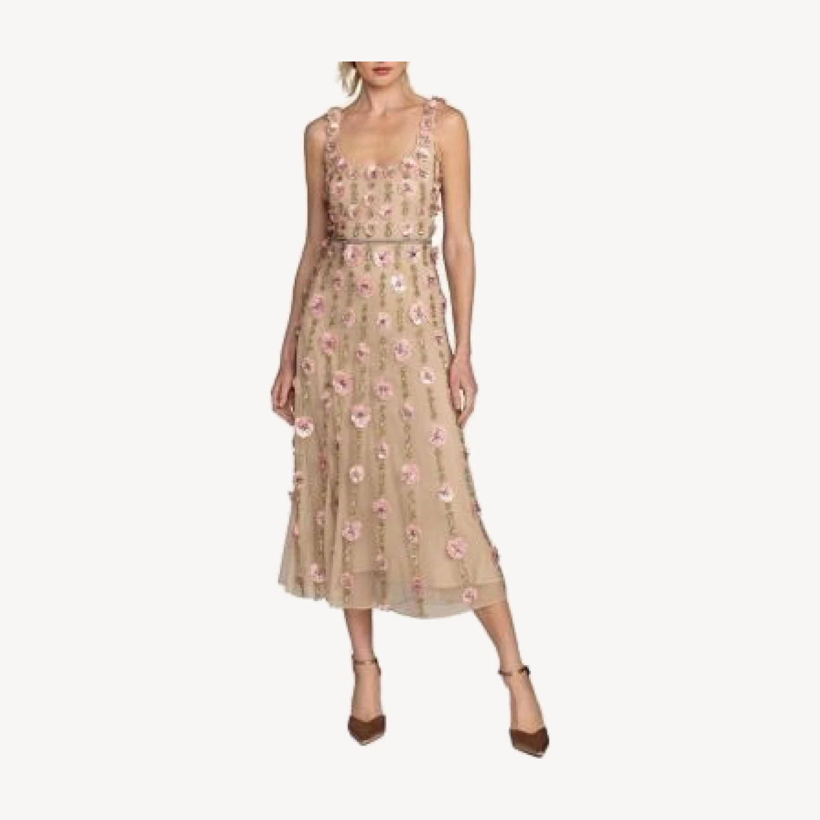 Mac Duggal Beaded Mesh Scoop Neck Sleeveless Midi Dress