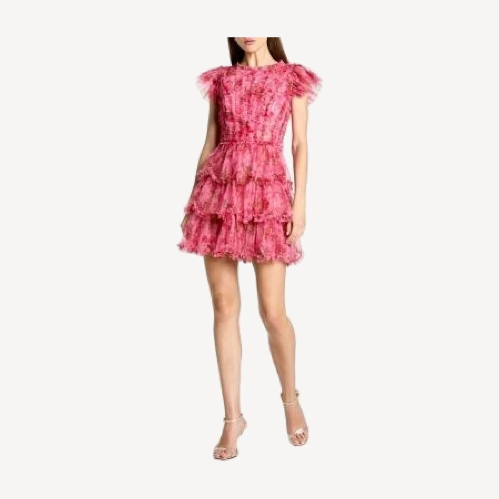 Mac Duggal Floral High Neck Cap Sleeve Ruffle Mini Dress