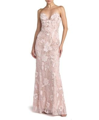 Mac Duggal Floral Beaded Mesh Strapless Column Gown