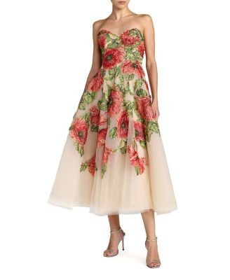 Mac Duggal Embroidered Mesh Strapless A Line Midi Dress