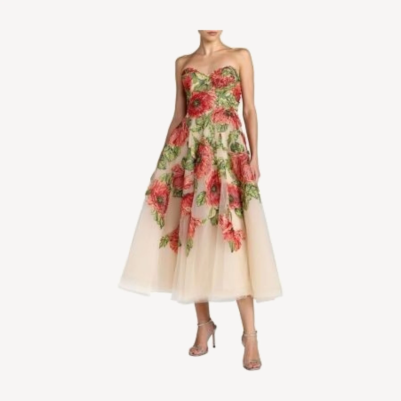Mac Duggal Embroidered Mesh Strapless A Line Midi Dress