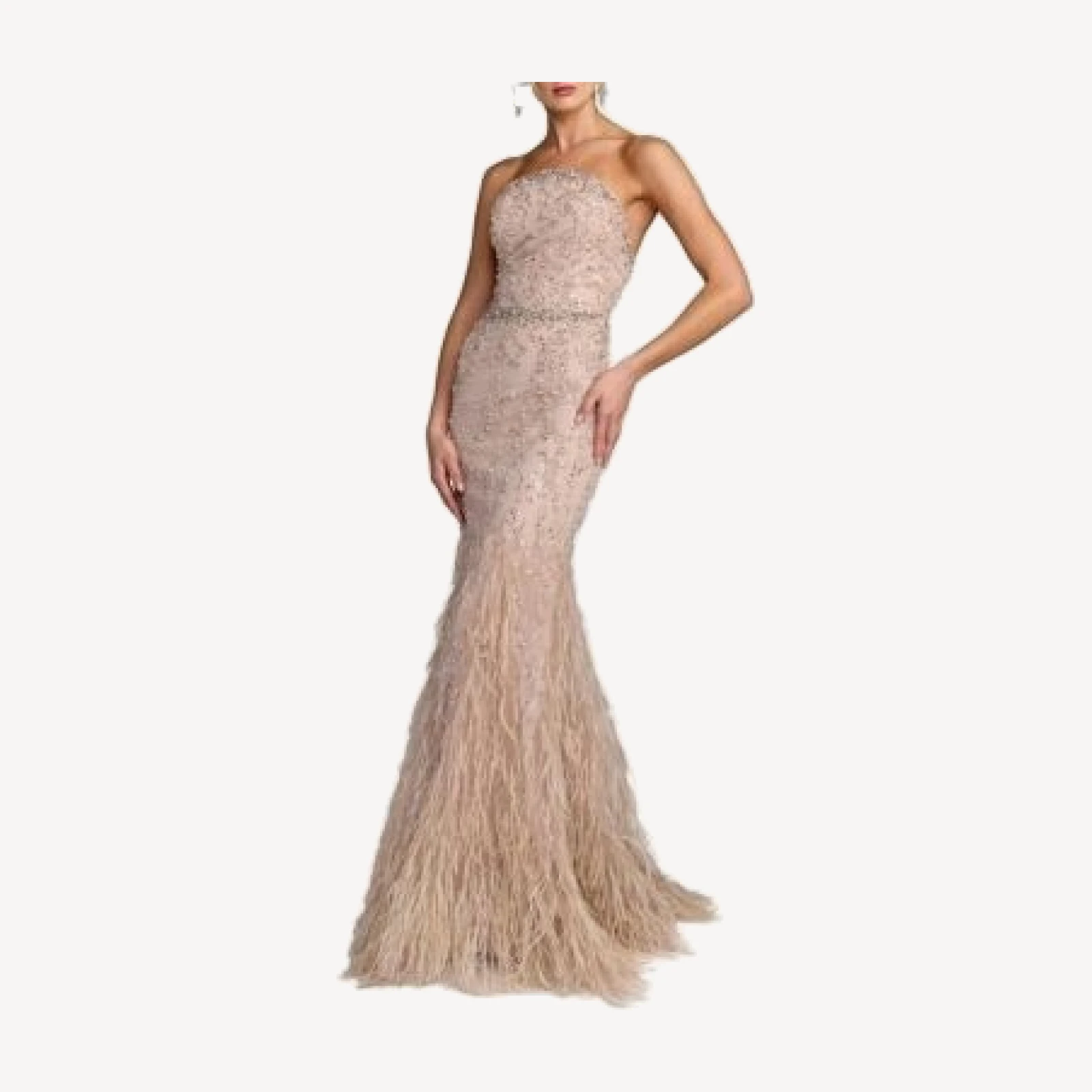Mac Duggal Strapless Beaded Net Trumpet Gown with Feathers