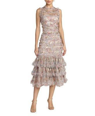 Mac Duggal Multicolor Sleeveless Sequin Tiered Ruffle Midi Dress