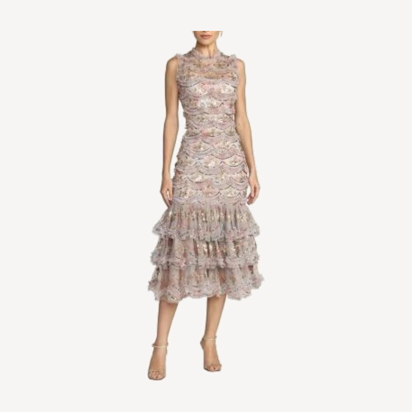 Mac Duggal Multicolor Sleeveless Sequin Tiered Ruffle Midi Dress