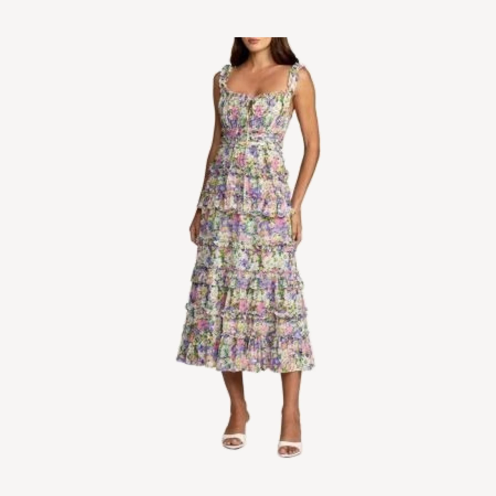 Mac Duggal Floral Ruffle A-Line Cotton Midi Dress