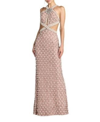 Mac Duggal Sleeveless Halter Cutout Pearl Embellished Gown